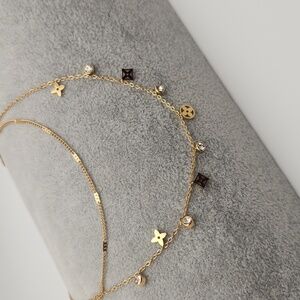 Layered Charm Necklace 18k Gold Plated Stainless Steel , Clover Design